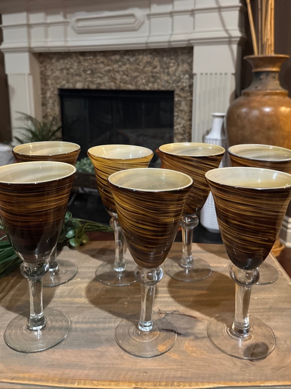 Set of 7 Vintage Swirl Stemmed Wine Glasses – Brown & Tan Ombre Goblets, Retro